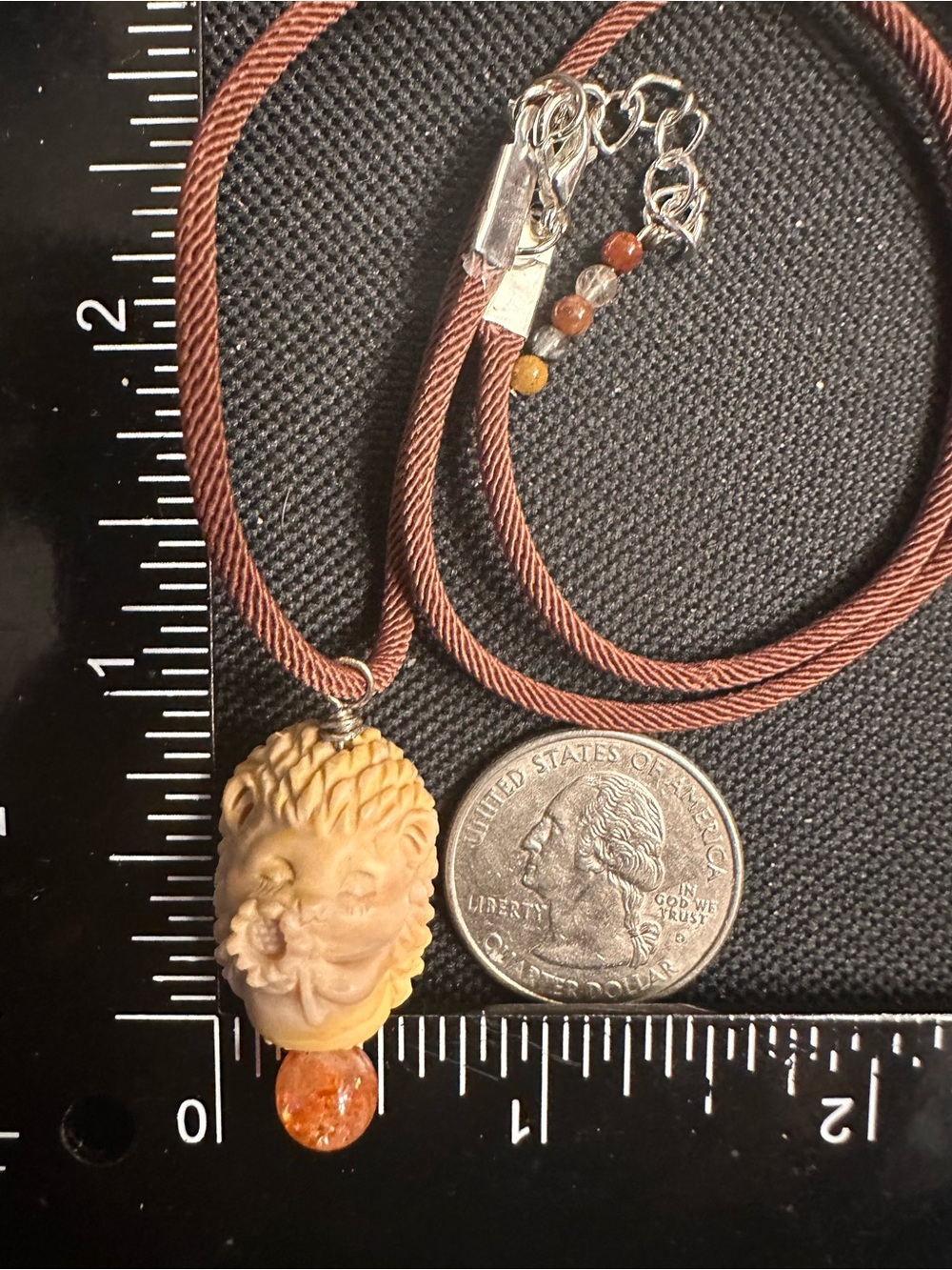 Alashan Agate Hedgehog Charm Pendant Necklace with Sunstone on Brown Rope - Picture 14 of 14
